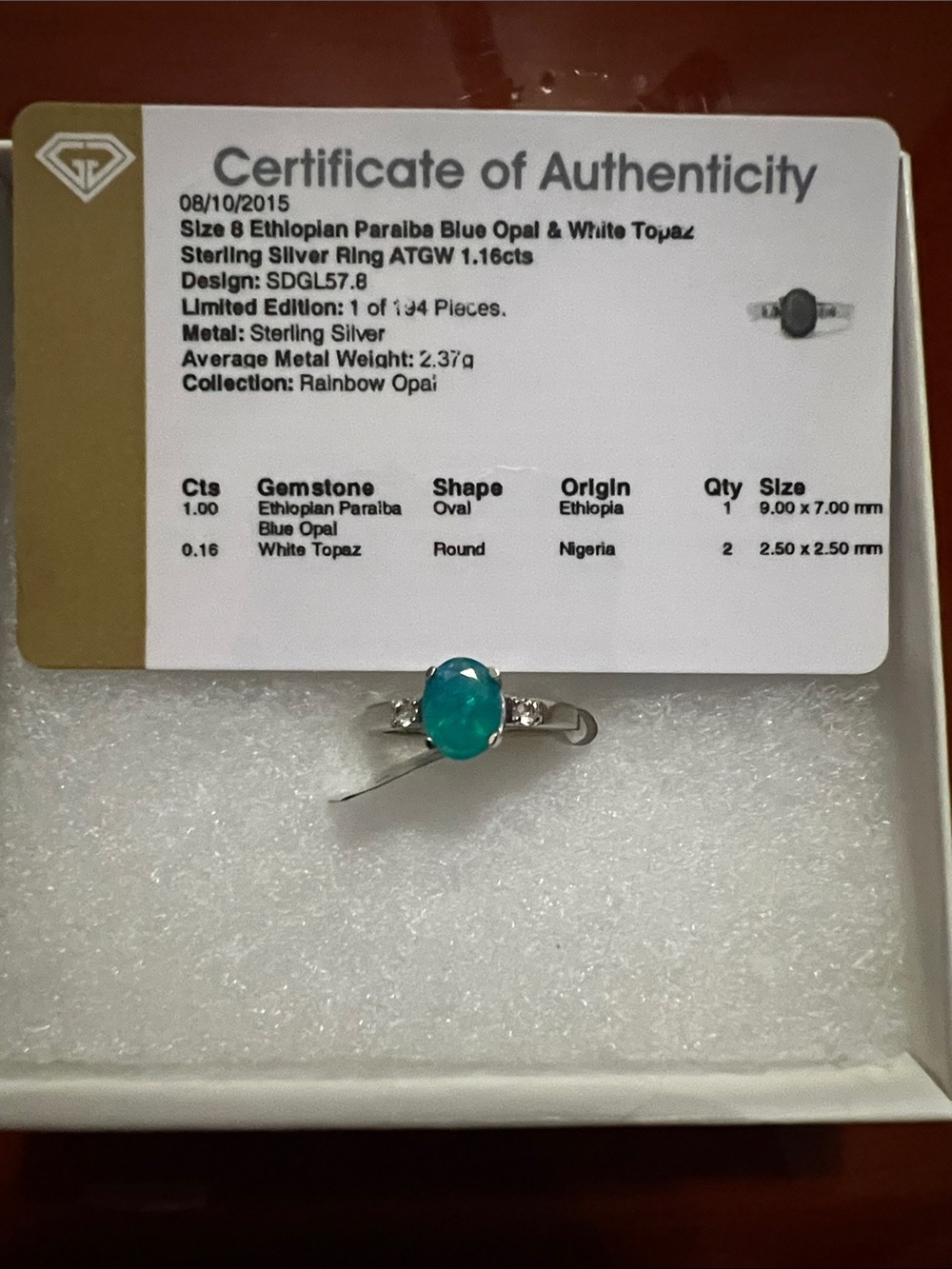 Sterling Silver Ethiopian Paraiba Blue Opal Ring - Blue